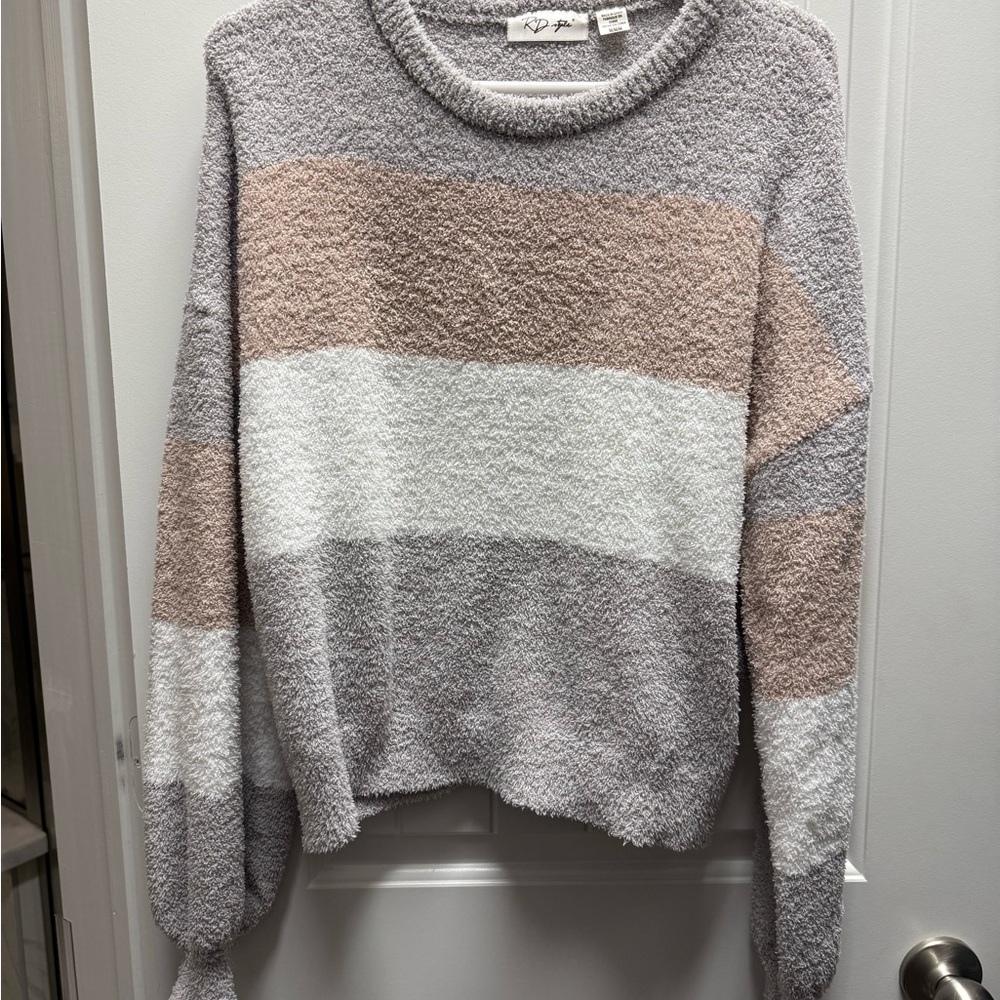 Cozy Striped Sweater - Gray, White, and Tan